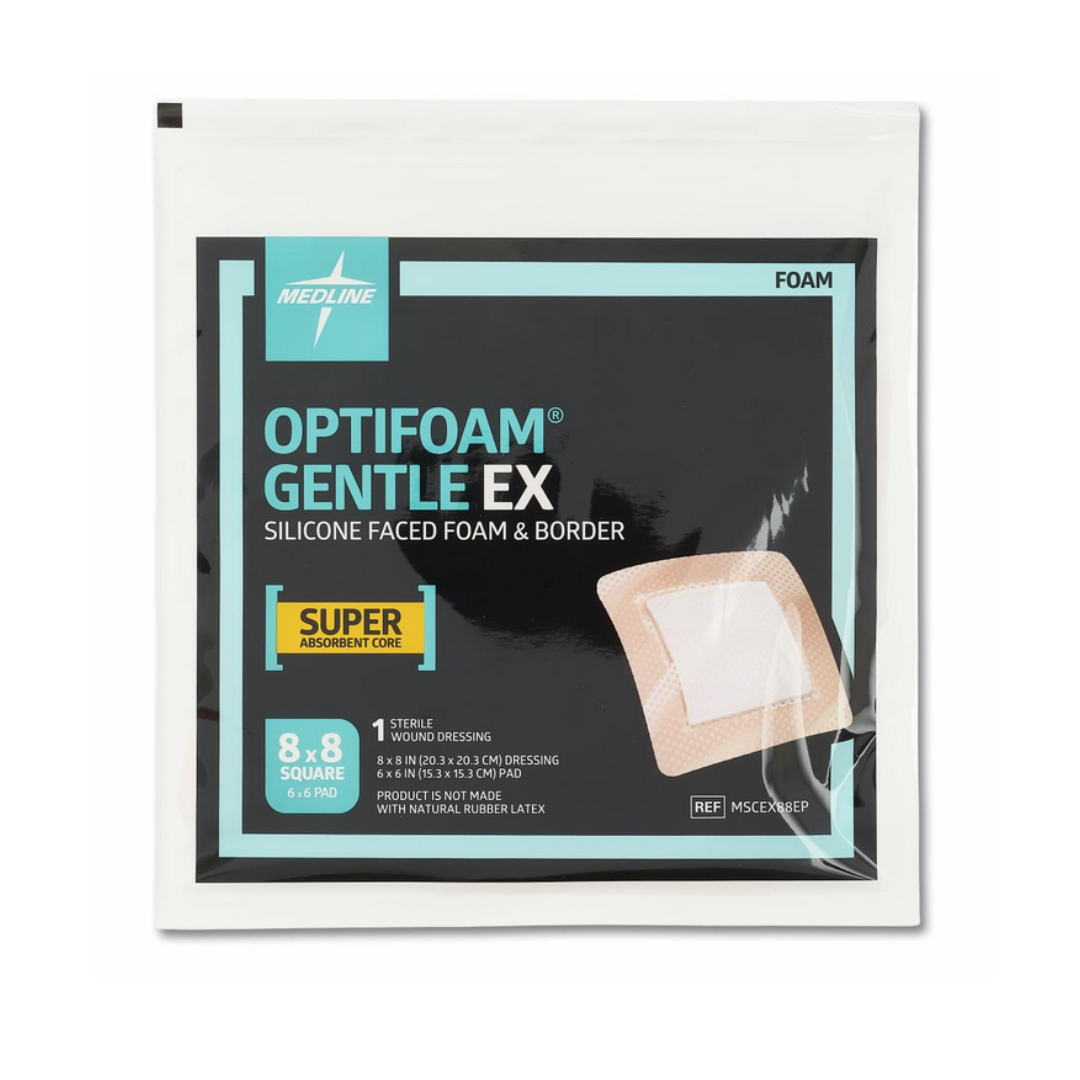 A package of Medline Optifoam Gentle EX Silicone-Faced Foam Wound Dressings, 8x8 inches with a superabsorbent core, features an image of the square dressing on the front.